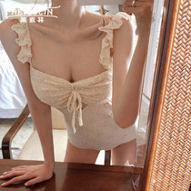 ins Wind hipster lace suspenders small chest gathered conservative one hot spring swimsuit women belly thin bikini
