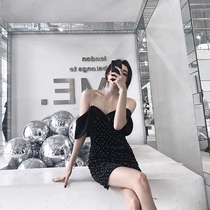 Thai socialite tide brand strapless small black dress black velvet hot diamond sexy backless dress temperament slim dress