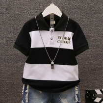 Boy wide striped t-shirt short sleeve POLO shirt turning 2022 Summer foreign air new handsome cotton child compassionate T