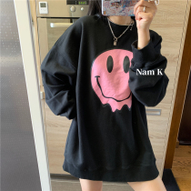 nam kk Korean womens happy smiley face pattern print loose round neck sleeve two-color sweater spot