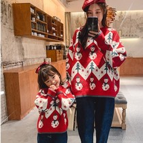 Next win girl sweater parent-child mother dress red Christmas hat cartoon Autumn Winter children Foreign style knitted top