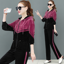 Golden Velvet Set Womens Wide Leg Pants 2021 Spring and Autumn Westernized Strivet Casual Sweater Two-piece Tide