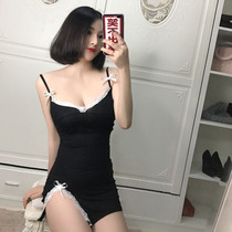 2021 new sexy goddess fan v-neck low-cut lace edge fairy thin suspender skirt ultra-short dress