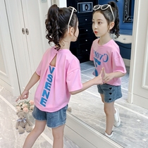 Korean girls short-sleeved summer 2021 new foreign style little girl round collar half sleeve summer Middle and big childrens T-shirt