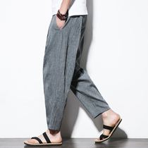 Linen ankle-length pants Chinese style mens pants summer thin 9-point pants fat size loose cotton linen Haren pants tide