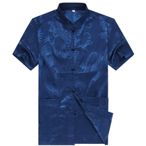 Middle-aged and elderly mens Tang suit Mens short-sleeved top Chinese style stand-up collar Dad suit grandpa suit summer shirt Old man suit