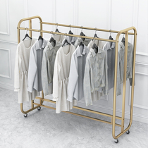 Golden island rack floor stand Simple clothing store display rack Double row rack Middle shelf Parallel bar side hanger