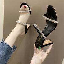 Rhinestone thin belt thick heel cool drag women 2021 summer new wear Korean version of high heels wild open toe black word drag