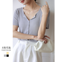 Ice silk short sleeve T-shirt cardigan women 2021 summer new short slim slim vneck knitted half sleeve white top