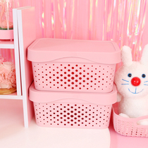 Pink storage plastic storage basket can be superimposed with lid desktop finishing box storage basket hollow soft girl storage