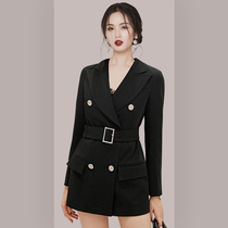 2019 early autumn new high-end celebrity temperament long sleeve waist thin black blazer skinny dress women