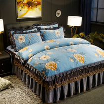 European-style autumn and winter Crystal velvet non-bedtail four-piece cotton padded lace bedspread solid color Simmons 1 8m