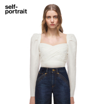 self-portrait pleated square-neck puff-sleeve top in pristine white taffeta