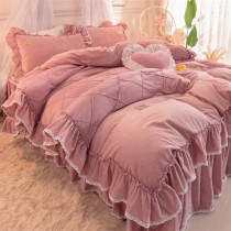 Winter coral velvet four-piece Net red princess style thickened double-sided Crystal velvet flannel ruffle bed skirt quilt cover