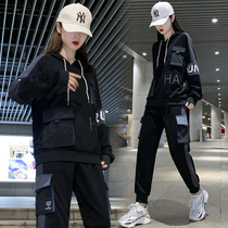 Sweatshirt sports suit womens autumn fashion Tide Cards Fashion Casual Wear Korean version Internet Red Student Fried Street Tooling two sets bf