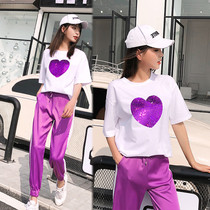 European station leisure sports suit women 2019 summer new Korean version of high waist pants loose Fashion Net red two-piece set