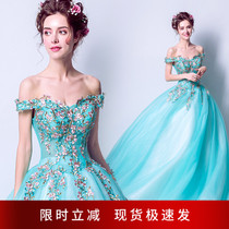 Temperament Blue Brides Wedding Toast Banquet Annual Conference Stage Performance in Wedding Dress Gown 2218