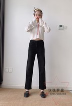 Han mini brand new elastic high waist simple version 9-point straight small wide leg jeans