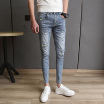 Boy spring and summer blue nine points jeans mens hole slim body slim Korean trend small feet fashion casual boys pants