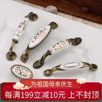 European-style green ceramic handle furniture hardware bedside cabinet wardrobe door handle golden flower drawer handle