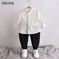 Boys long-sleeved shirt 2020 new baby cotton linen stand-up collar thin white shirt tide childrens shirt men spring and autumn