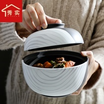 There are ceramic bowls with lid for students at home eating bowls single creative soup bowls office workers instant noodles bowls microwave ovens