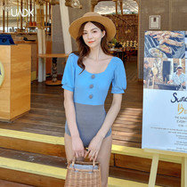 Blue Swimsuit Women Fairy fan fresher Blue 2022 new Belly Up High Waist Flat Breast Girls Conservative Temperament Swimsuit