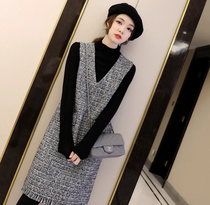 Autumn current practical COCO clip flower soft tweed classic hand-drawn beard gray dark V-neck vest dress dress