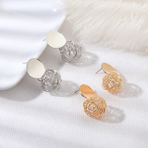 New European and American hot selling retro geometric earrings Jane about woven round ball pearl earrings metal accessories women