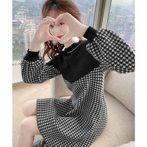 Autumn dress womens autumn 2020 new long-sleeved houndstooth stitching winter small skirt autumn and winter