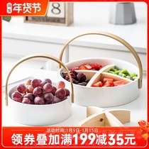 Japanese ceramic solid wood dried fruit plate home creative with handle split plate fruit basket wedding melon seeds candy box