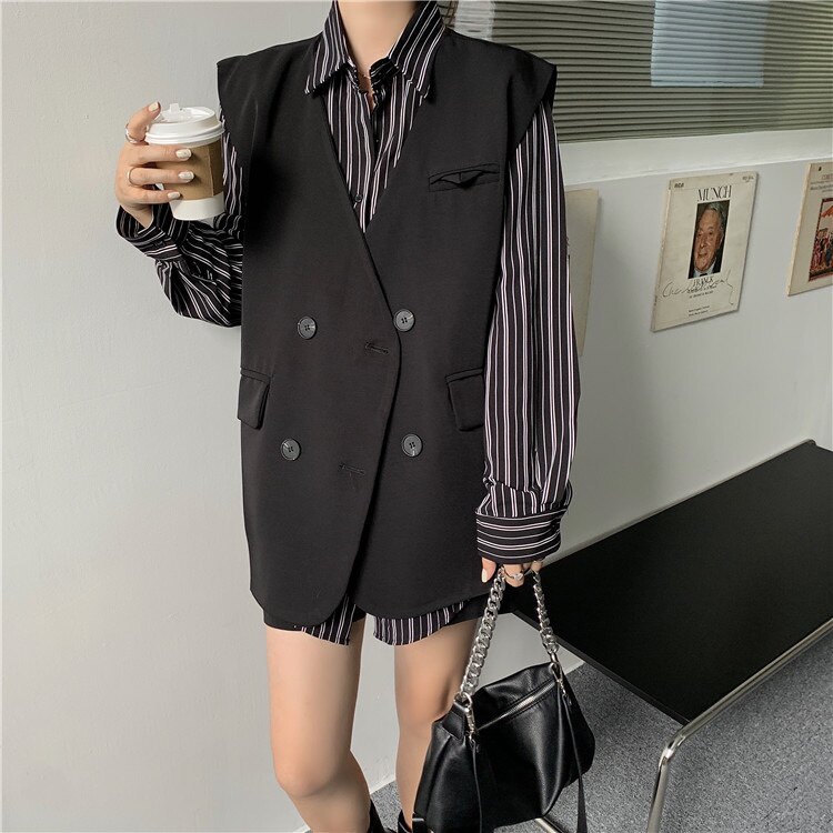 秋冬新款宽松显瘦英伦风复古马甲西装外套减龄条纹衬衫上衣女