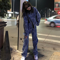 Guochao brand high street denim jacket womens spring and autumn high-quality jacquard mens casual tops loose suit jacket thin