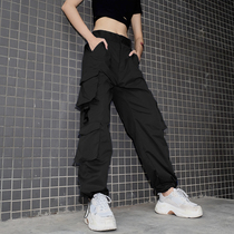 Black overalls womens casual pants students hip-hop dance loose pockets cool trousers European and American style