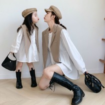 Internet famous two-piece suit cape shirt bubble sleeve dress 2022 autumn high end parent-child daughter girl clothes