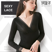 Goddess clothing thermal underwear Womens V-neck lace thickened velvet base shirt Shaping body low-neck tight winter single piece