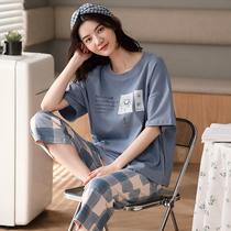 2021 new pajamas women summer cotton short sleeve cropped pants thin cotton summer home clothing suit