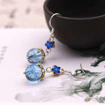 Blue Popcorn Beads Crystal Earrings Jingtai Blue Cherry Blossom Pole Minimalist Office Earrings Small Fresh Earrings 925 Silver Hook