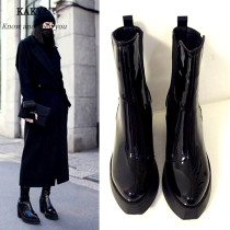 KAKY pointed patent leather Martin boots female 2021 autumn and winter New thick heel short boots leather thick bottom high heel boots children