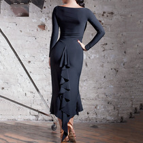 Exotic dance Latin dance new practice clothes lace bag hip back split long sleeve boat collar dress 48