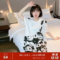 Cute panda short sleeve nightgown Women summer long cotton pajamas thin long loose new home wear