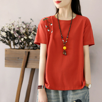 Han Soyi Art and Culture National Wind Spring Summer Embroidered Short Sleeve T-shirt Woman Loose s Tide Round collar blouses bottom-shirt