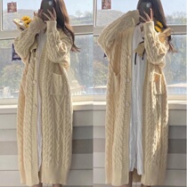 Sweater Tide Han Wind Chic Coat Female Hemp Flowers 100 lapped Korean version Lazy Wind loose thickened mid-length knit cardiovert