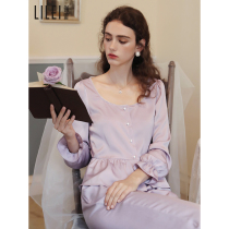 Pajamas Womens Ice Silk spring and autumn thin elegant square collar nail beads French court long sleeve two-piece home suit