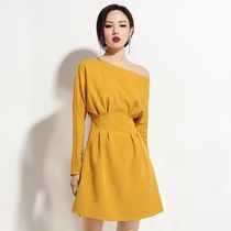 Thailand tide brand one-word collar strapless oblique shoulder high waist thin design niche ginger early autumn new dress