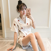 Japanese strawberry kimono pajamas womens summer short-sleeved cotton two-piece suit Korean student cute sexy home clothes