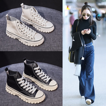 South Korea inner height-increasing shoes ins autumn 2019 new womens shoes net red thick-soled leather wild high-top canvas shoes