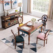 American Country Solid Wood Restaurant Table Retro Simple Household Small Household Rectangular Color Drawing Table and Chair Combination