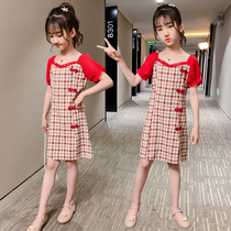 Net red mother womens casual Chinese style dress in the big child girl retro bubble sleeve plaid improved cheongsam skirt