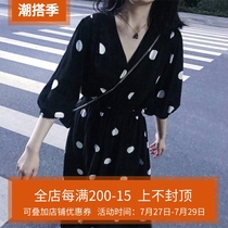 Fa-style vintage black polo dots one-piece dress women 2022 Summer new temperament collection waist display slim V neckline Podot skirt woman
